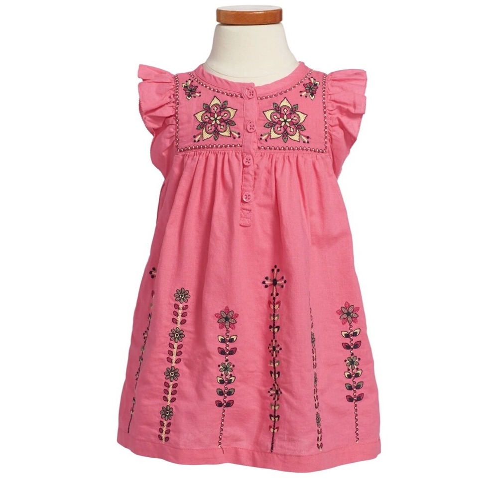 TEA COLLECTION Malati Kantha LINEN‎ Embroidered Floral Dress Girls 10 Pink Boho